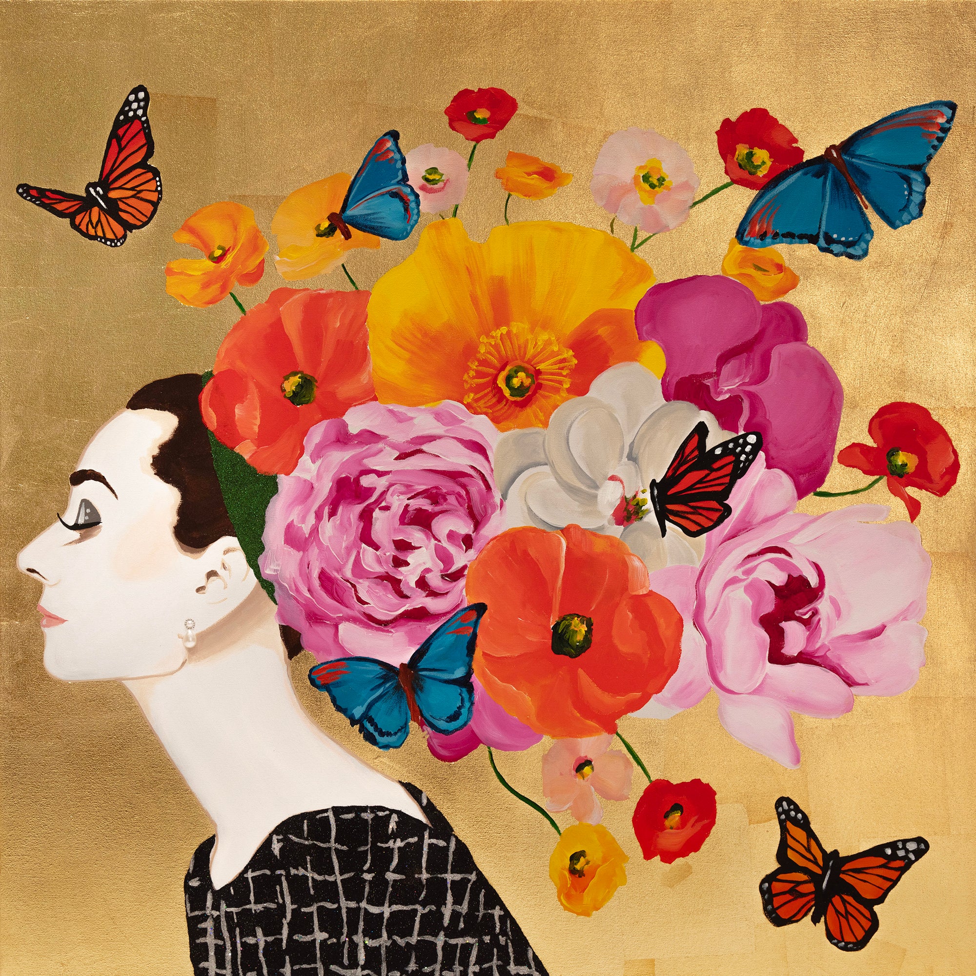 Audrey with Peonies, Poppies & Butterflies on Gold Leaf