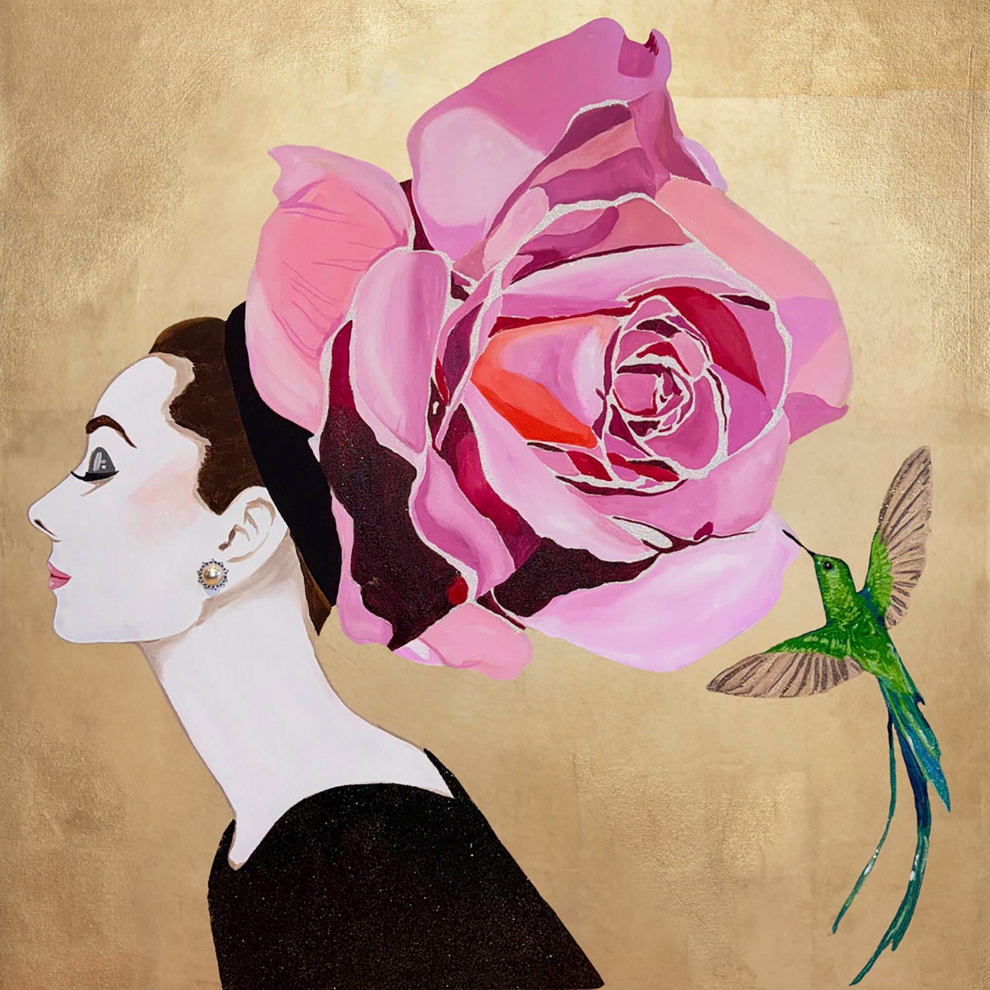 Audrey with Pink Rose Chapeau & Long-tailed Hummingbird on Gold Leaf