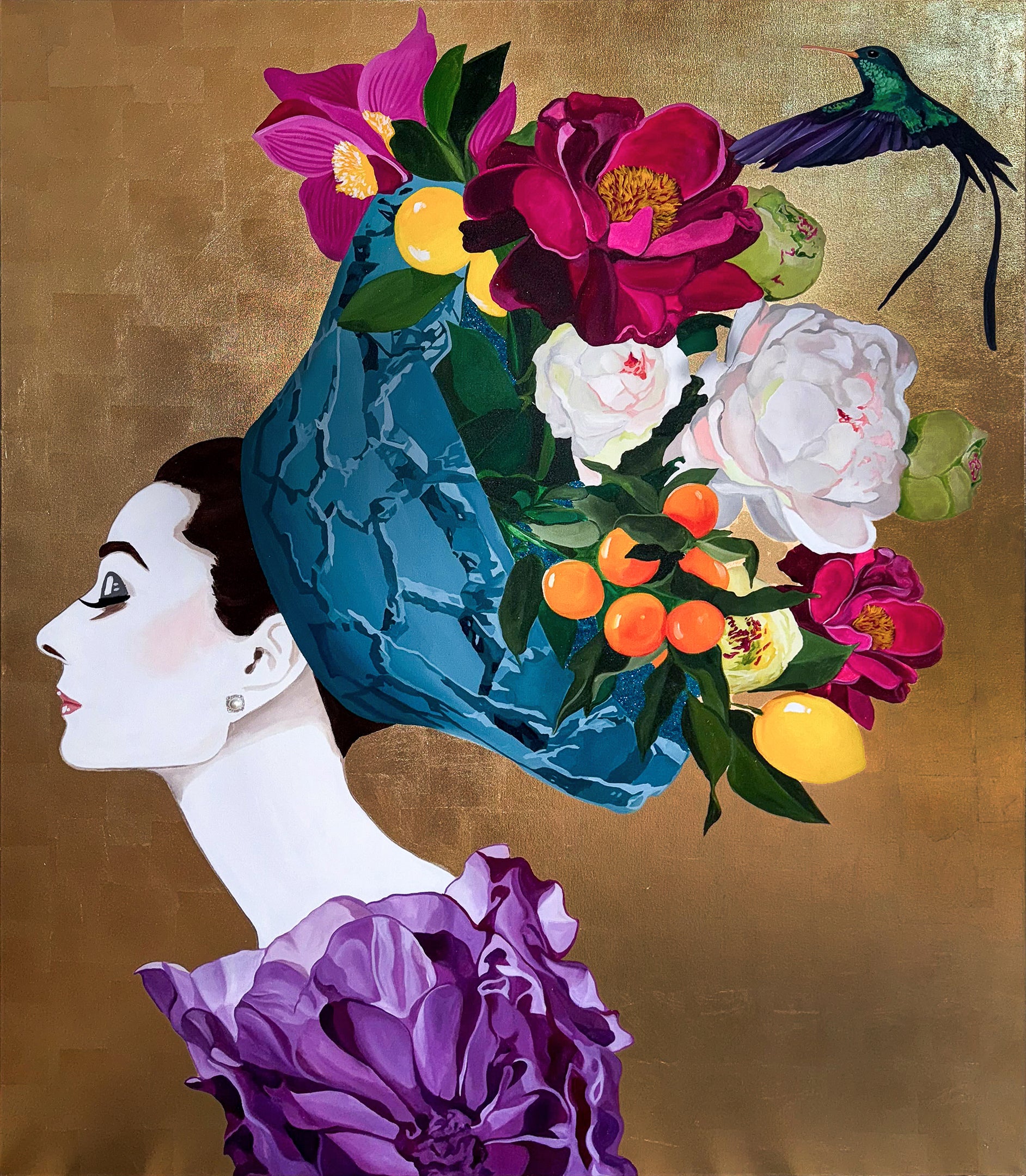Audrey with Purple Peony Dress & Floral Citrus Chapeau on Gold Leaf