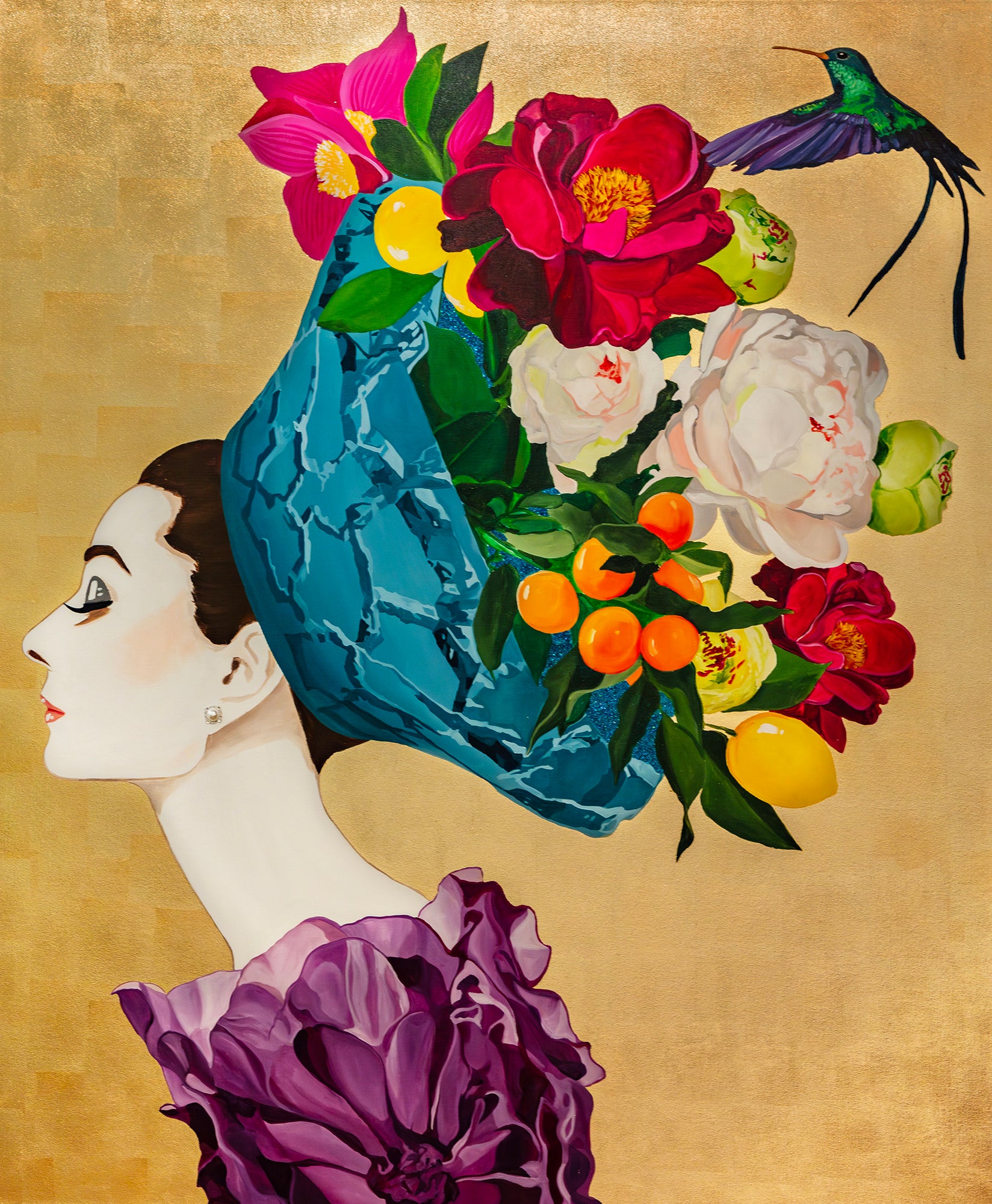 Audrey with Purple Peony Dress & Floral Citrus Chapeau on Gold Leaf