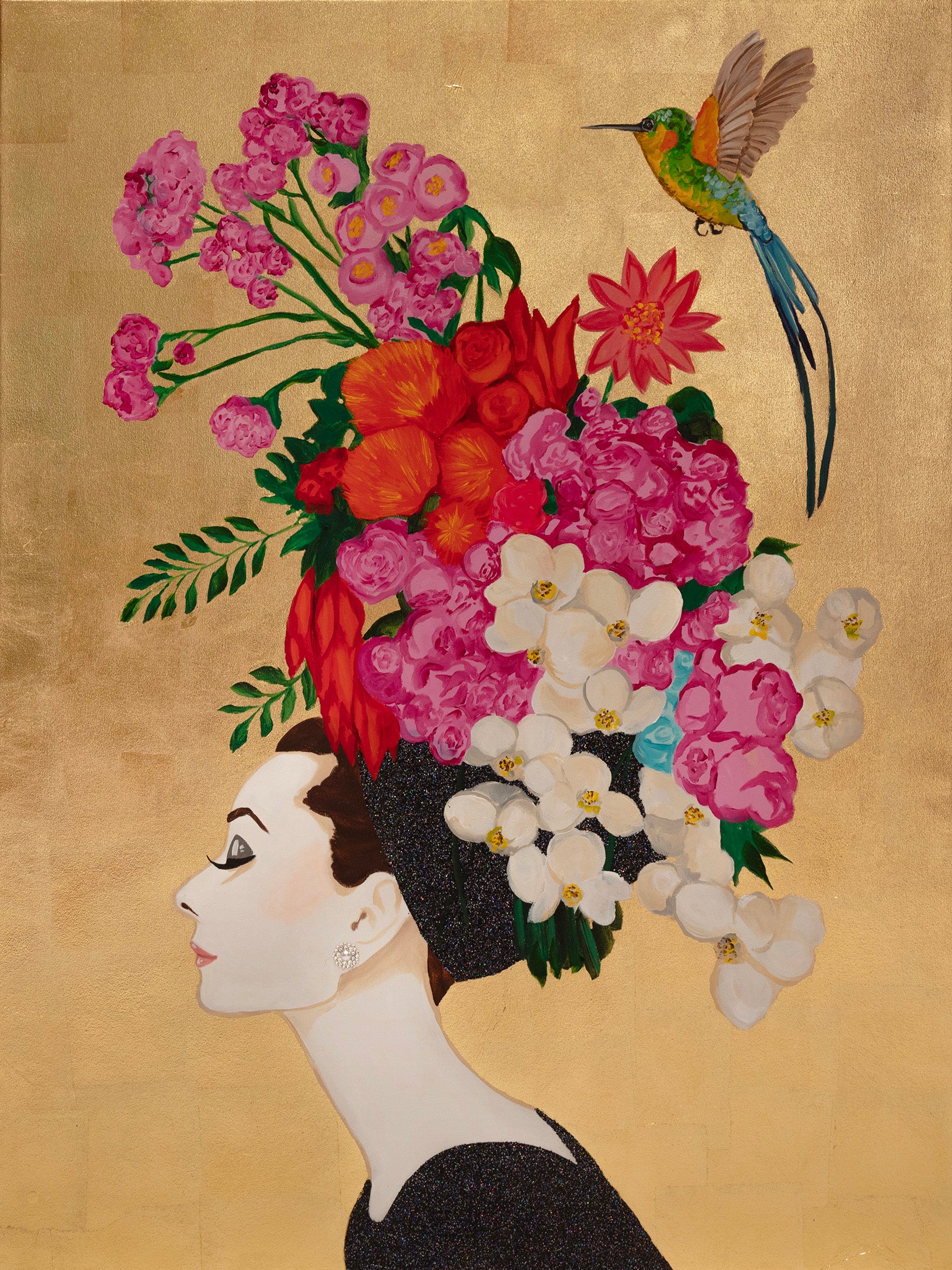 Audrey with Spring Blossoms & Long-Tailed Hummingbird on Gold Leaf