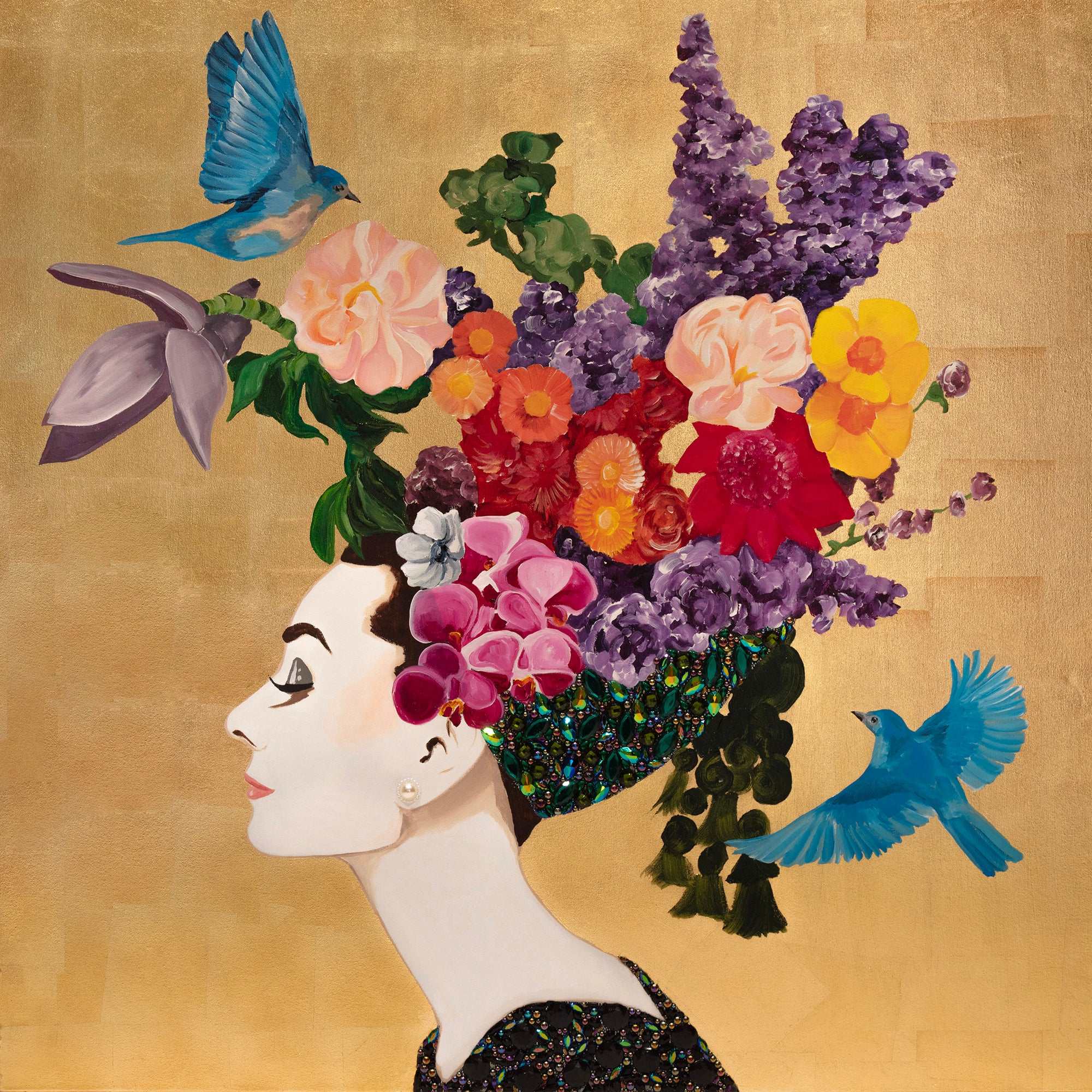 Audrey with Vibrant Bouquet & Blue Birds on Gold Leaf