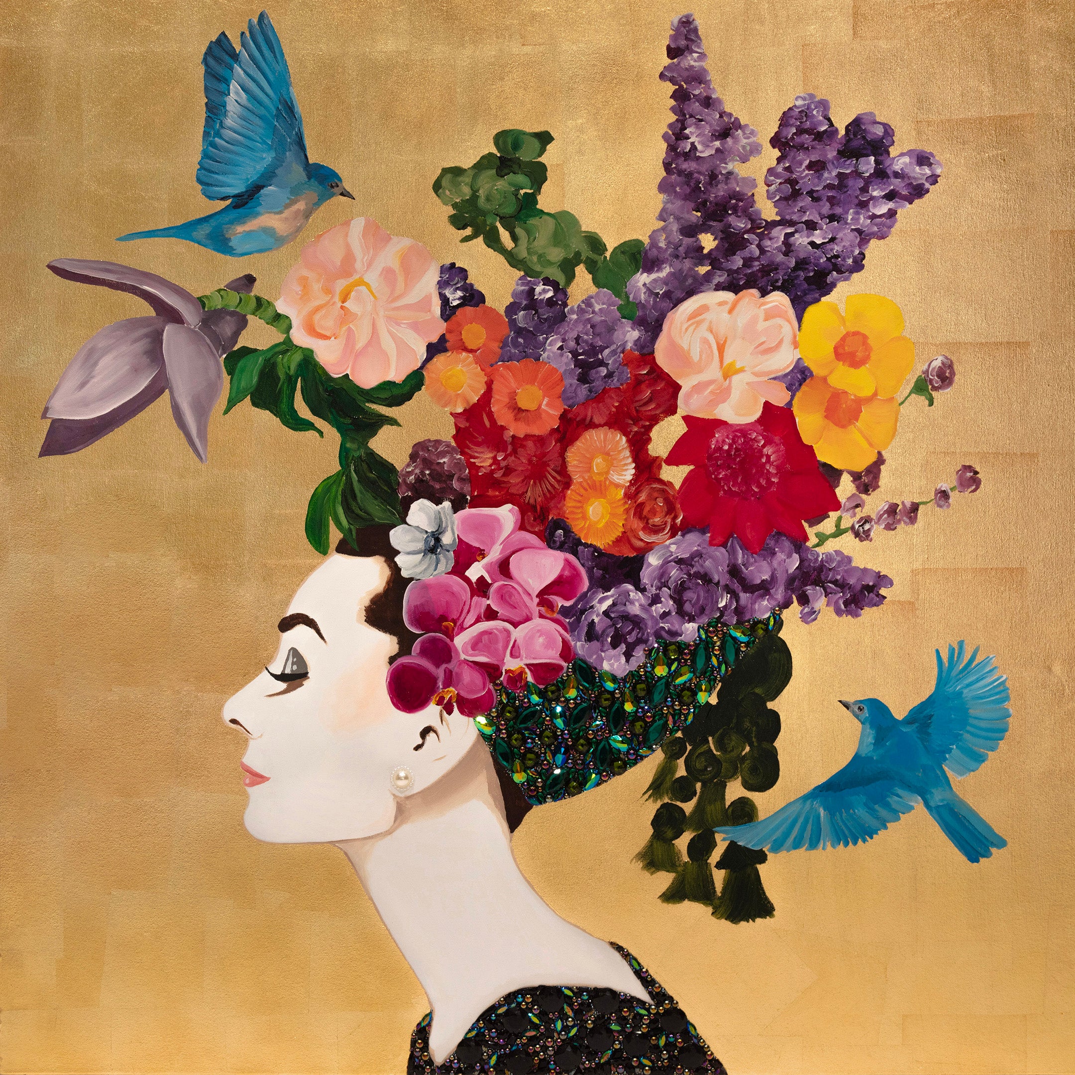 Audrey with Vibrant Bouquet & Blue Birds on Gold Leaf