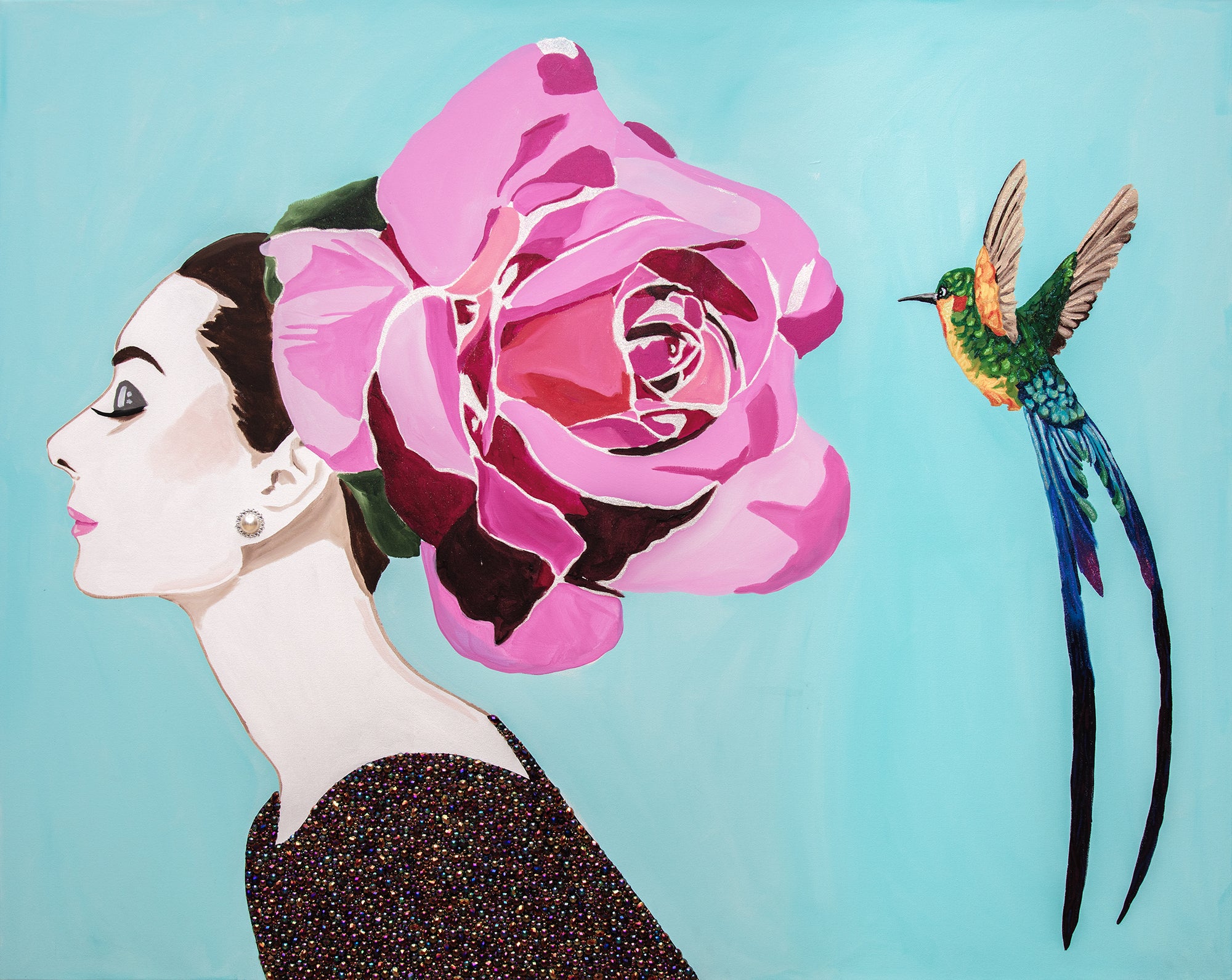 Audrey with Yves Piaget Rose & Long-Tailed Sylph Hummingbird