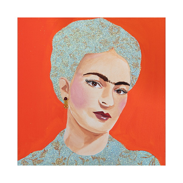 A painting of Frida Kahlo with a mint green floral dress against a scarlet red background, with mixed media covered in heavy resin.