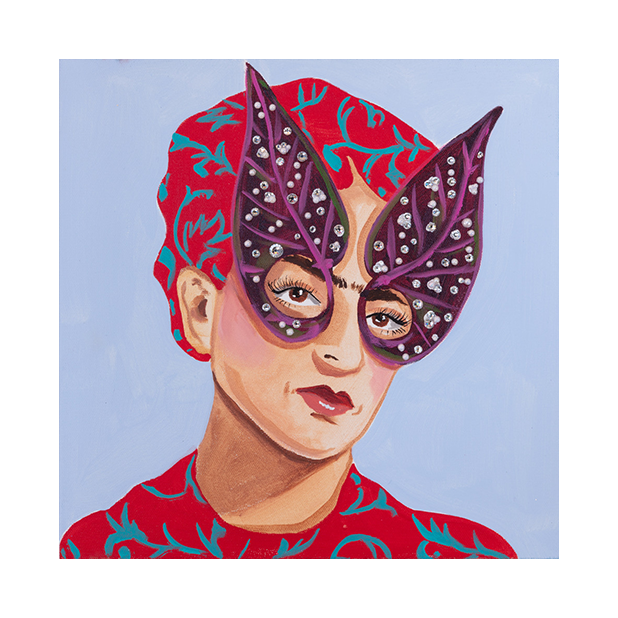 #160 Frida Plum Leaf Mask on Cornflower Background