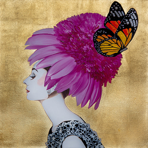 Audrey With Pink Echinacea Chapeau on Gold Leaf