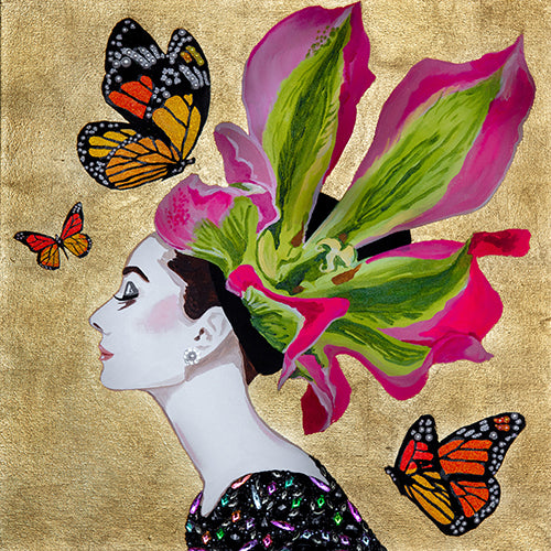 Audrey With Pink and Green Iris Chapeau on Gold Leaf