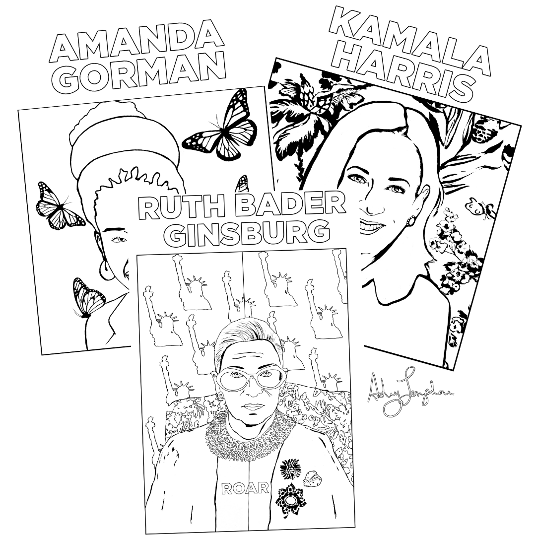 Ashley Longshore Coloring Book featuring some of the MIGHTY WOMEN who have made and are making major moves in the world! Featuring Ruth Bader Ginsburg, Kamala Harris, Amanda Gorman, Frida Kahlo, Whitney Wolfe Herd, Alexandria Ocasio-Cortez, Greta Thunberg, Michelle Obama, Malala Yousafzai, Oprah Winfrey and many more! 