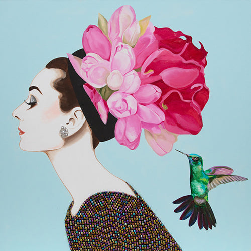 Audrey With Pink Peony Chapeau and Shining-Green Hummingbird