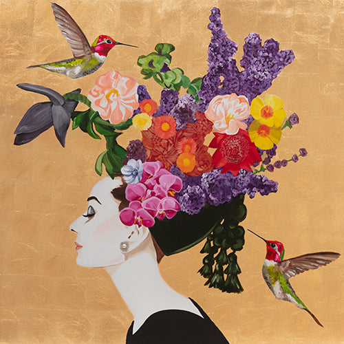 Audrey With Ruby-Throated Hummingbirds and Spring Florals on Gold Leaf