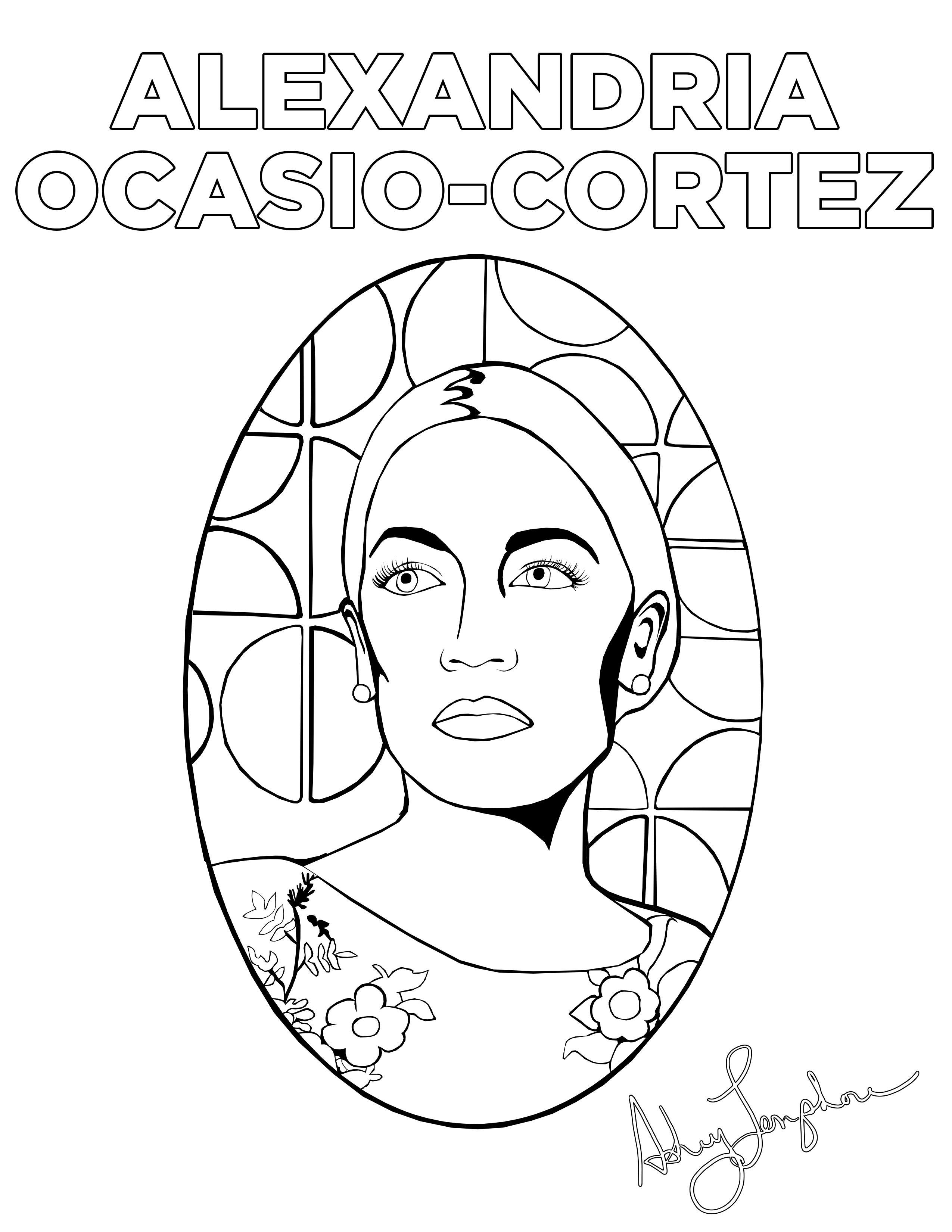 Ashley Longshore coloring pages featuring Alexandria Ocasio-Cortez.
