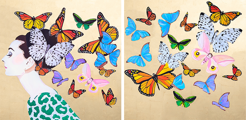 Audrey Diptych With Butterfly Swarm on Gold Leaf