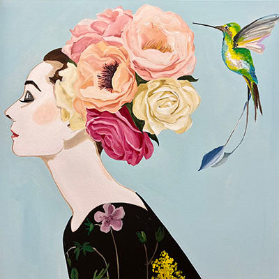 Audrey With Pastel Poppy Chapeau and Sylph Hummingbird