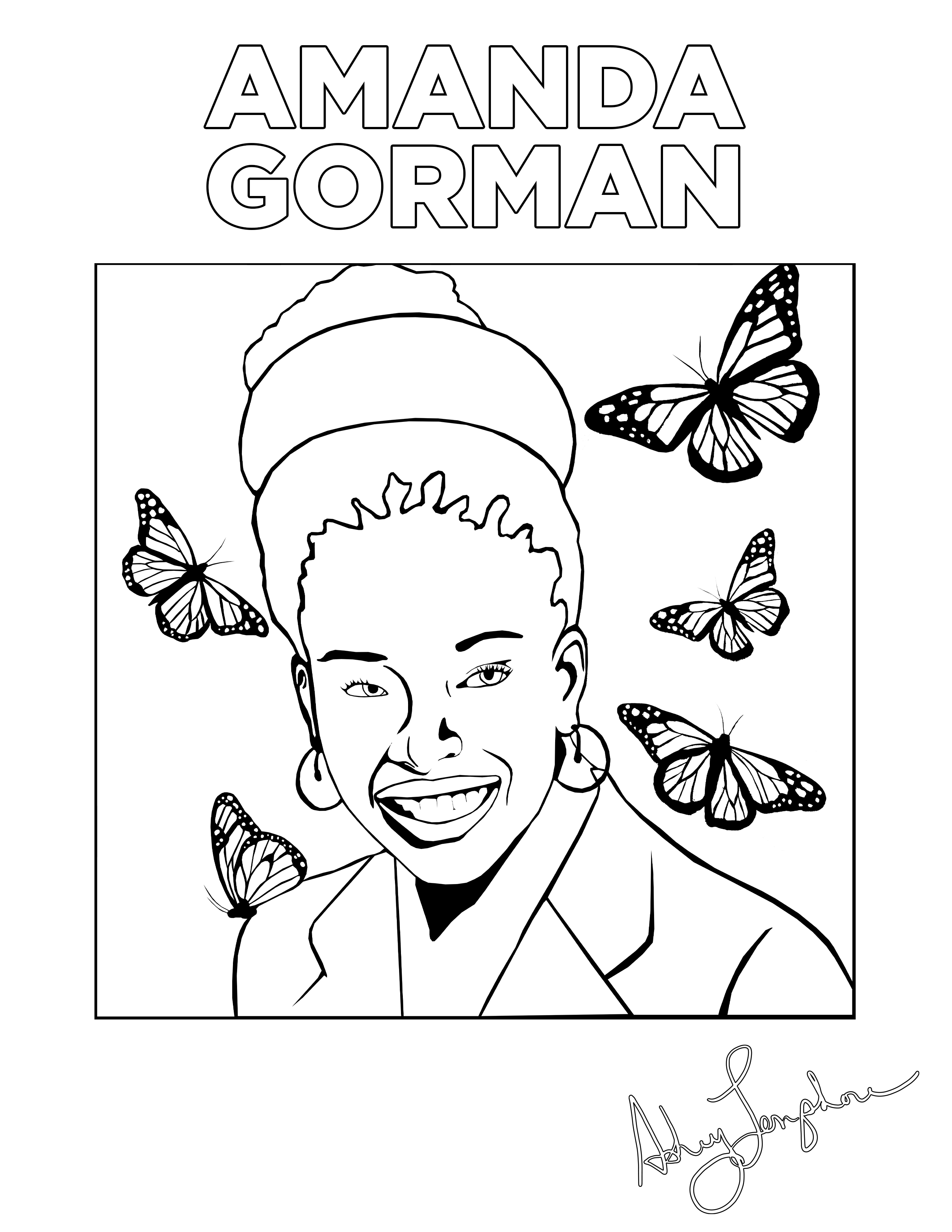 Ashley Longshore coloring pages featuring Amanda Gorman.