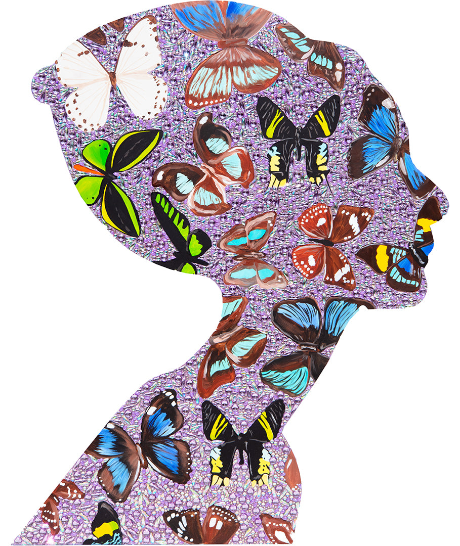 Ashley Longshore painting of Audrey Hepburn with lavender background and butterflies.