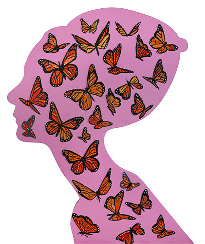 Audrey Profile Cutout With Swarming Monarchs on Pink Background
