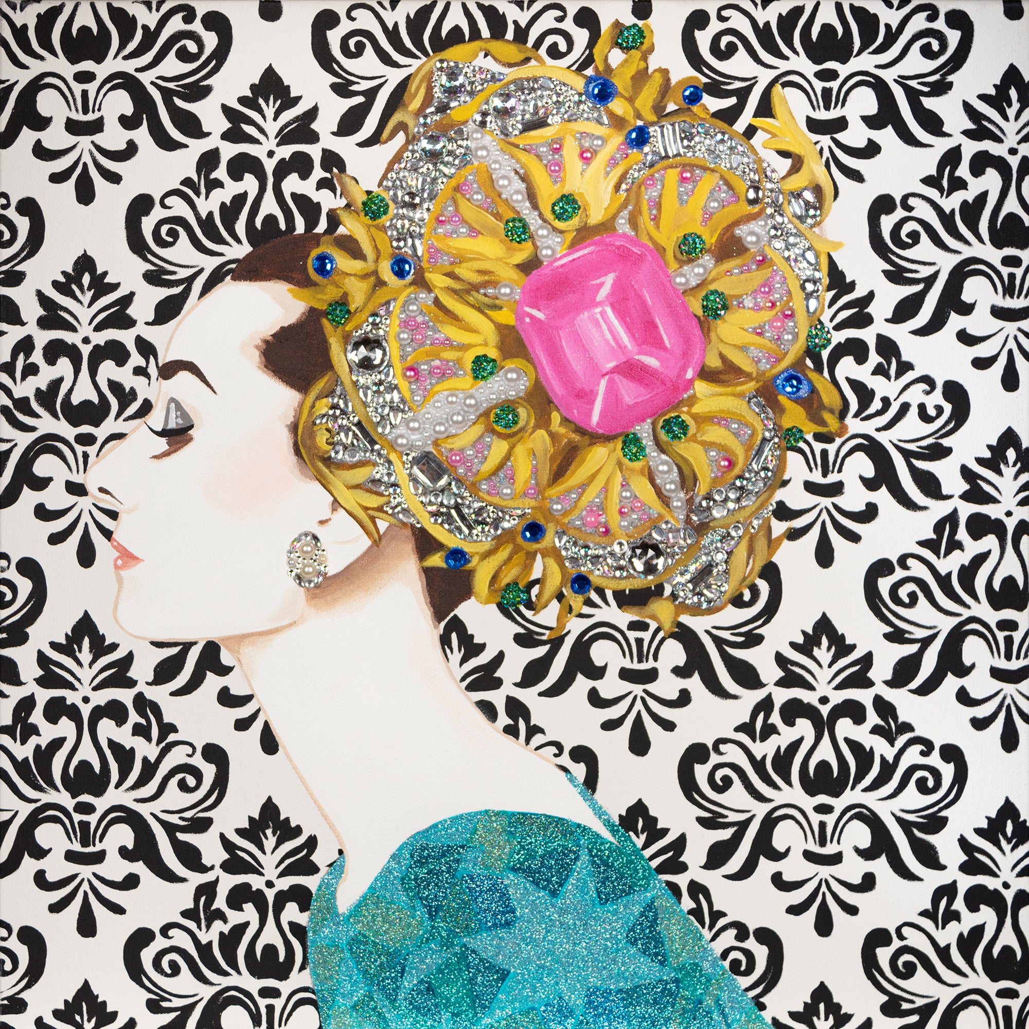 Audrey with Jeweled Brooch Chapeau on Damask  |  24 x 24in