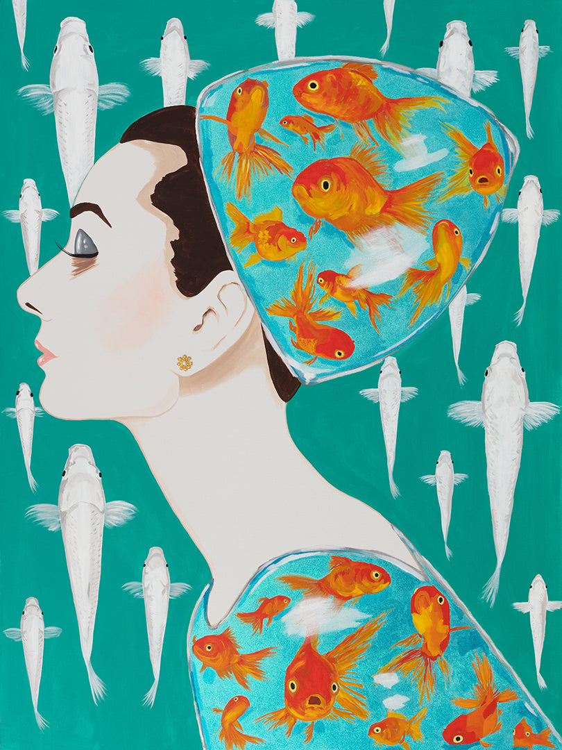 Ashley Longshore painting featuring a profile of Audrey Hepburn with a fish bowl-inspired hat on her head, filled with goldfish, against a background of white and goldfish-patterned water.