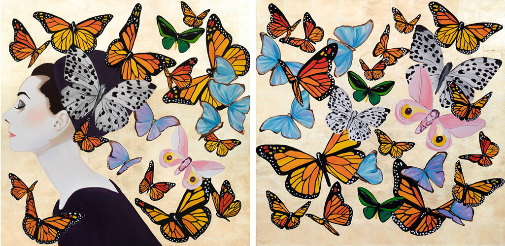 Audrey Diptych With Butterfly Swarm on Gold Leaf