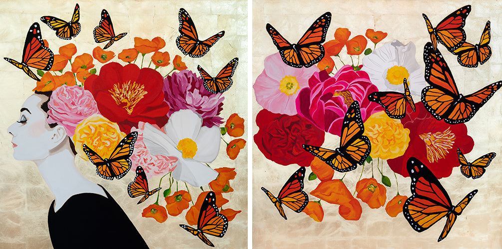 Audrey Diptych With Poppies and Monarch Swarm