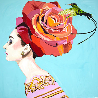 Audrey With Heirloom Rose Chapeau and Long-Tailed Sylph Hummingbird