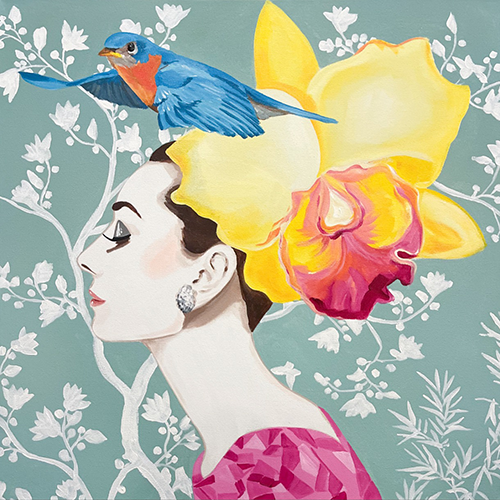 Audrey With Moth Orchid Chapeau and Blue Bird | 24x24