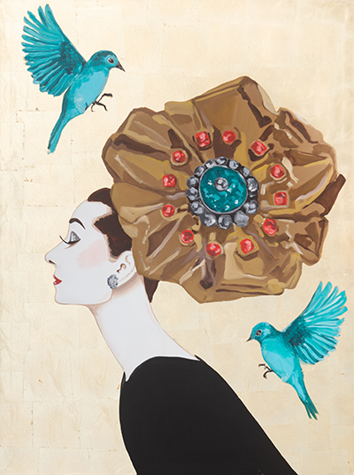 Audrey With Vintage Brooch Chapeau and Blue Birds on Gold Leaf