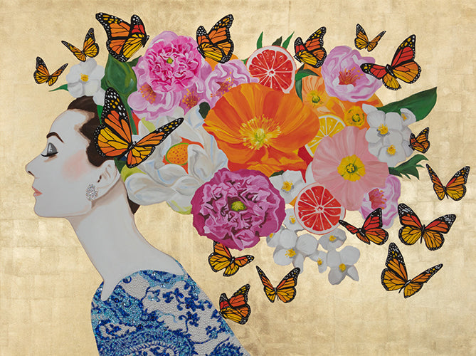 Audrey With Ming Vase Dress, Citrus, Florals and Monarchs on Gold Leaf