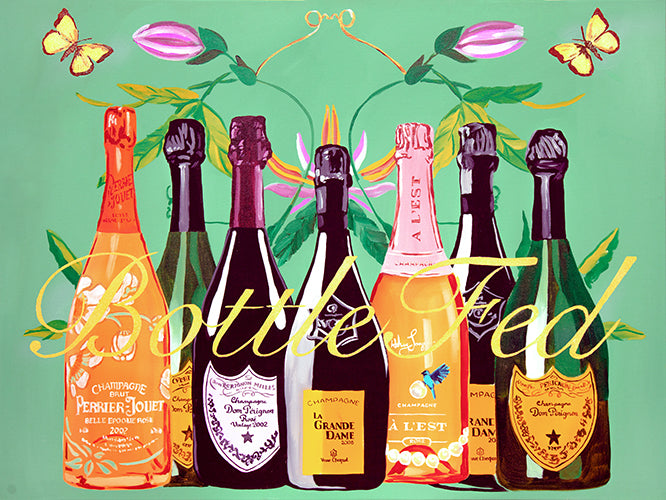 Bottle Fed With Butterflies and Tulips on Jade Green