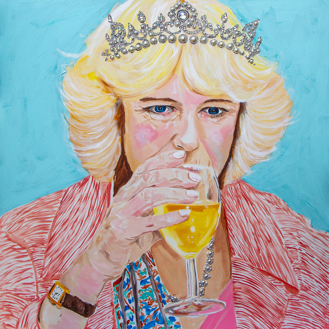 Ashley Longshore painting of Queen Camilla sipping a glass of wine from her Drunk Royals Collection.