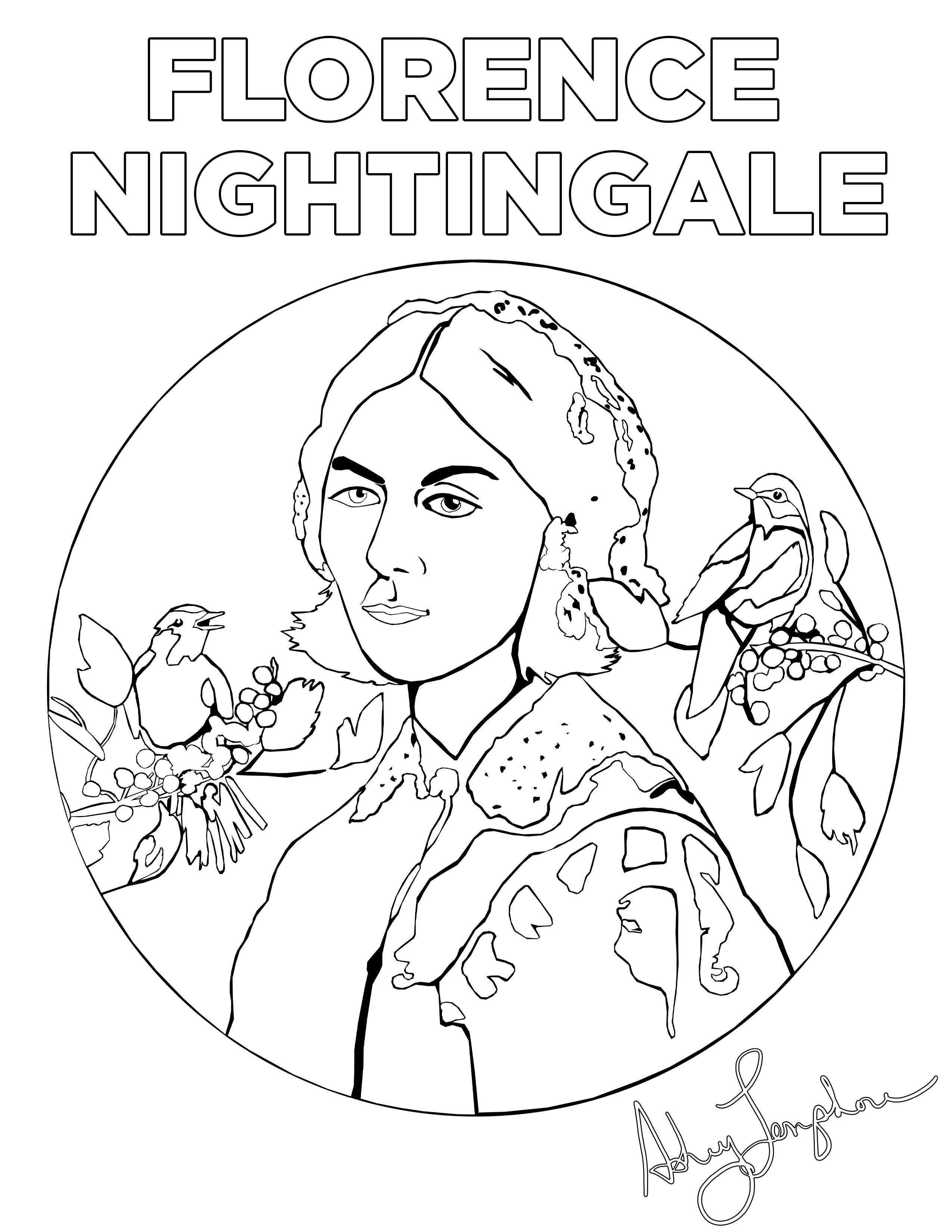 Ashley Longshore coloring pages featuring Florence Nightingale.