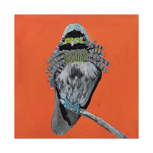 A painted canvas artwork of a bird with a blue and green necklace, perched on a branch against an orange background.