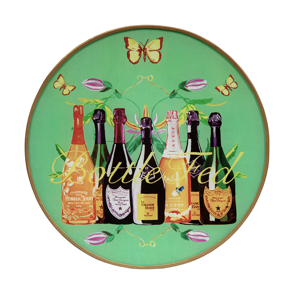 Decorative plate with illustrated champagne bottles and butterflies on a green background