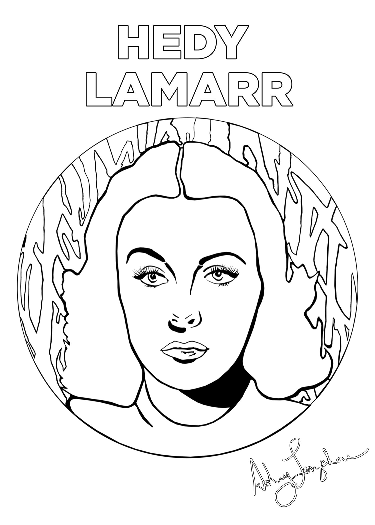 Ashley Longshore coloring pages featuring Hedy Lamarr.