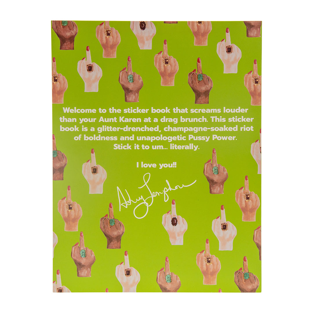 Back of the sticker book with repeating illustrated hands giving the middle finger, Ashley Longshore’s signature, and humorous product copy in white text.