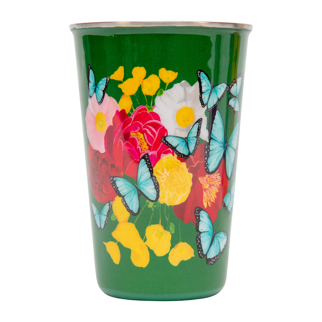 Green tumbler with floral and butterfly design on a white background