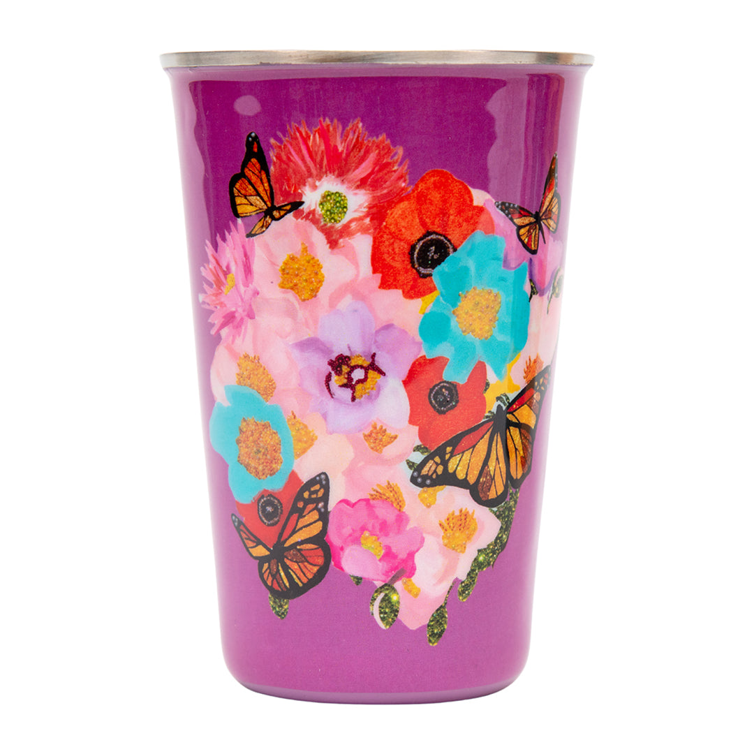 Colorful floral and butterfly design on a purple cup