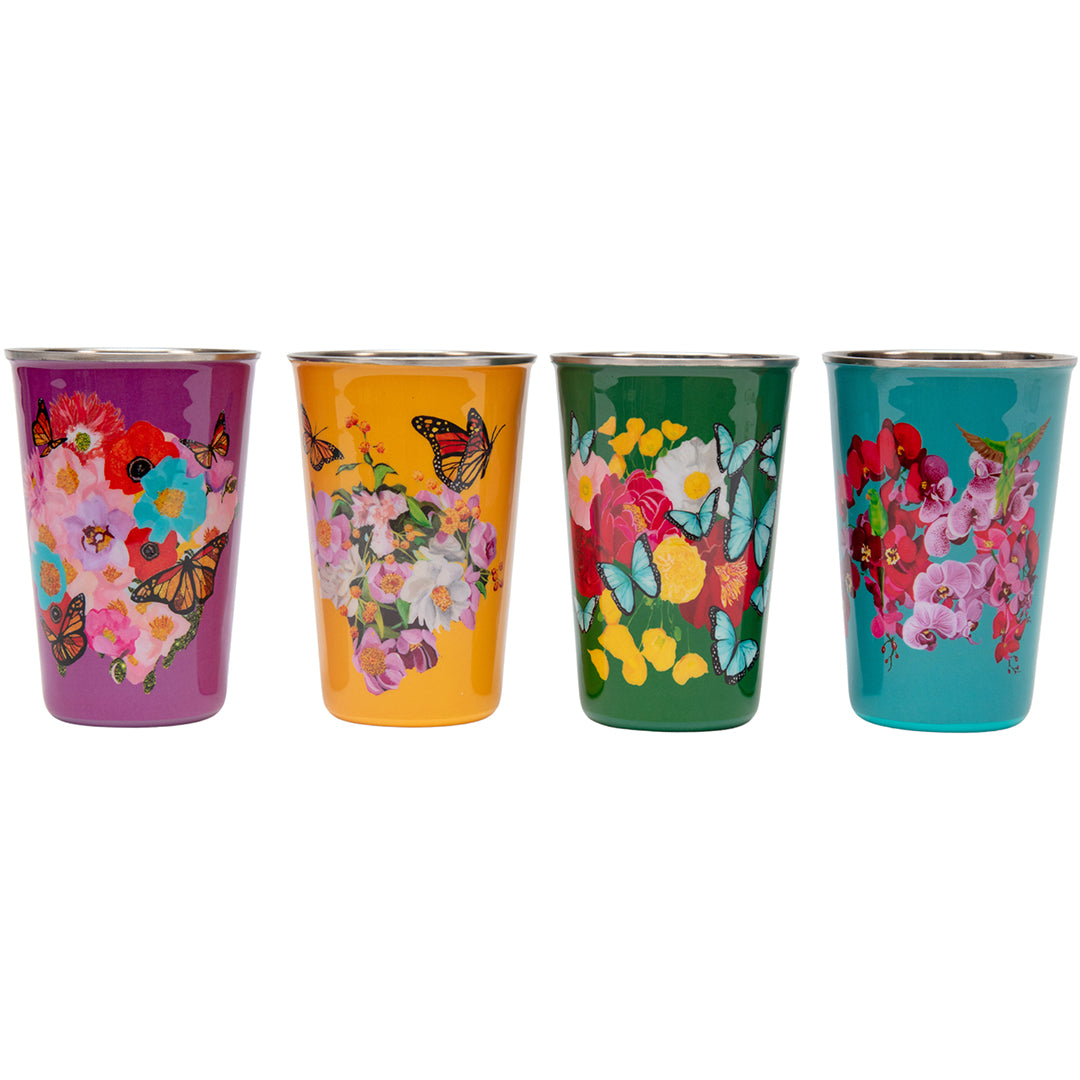 Four colorful tumblers with floral and butterfly designs on a white background