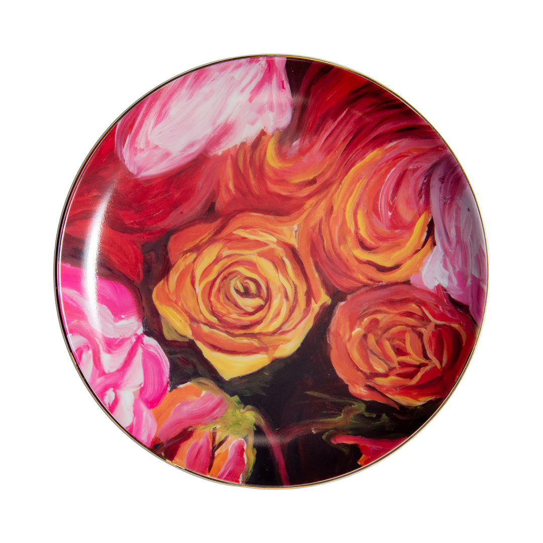 Porcelain dessert plate with orange and red rose artwork and a gold edge.
