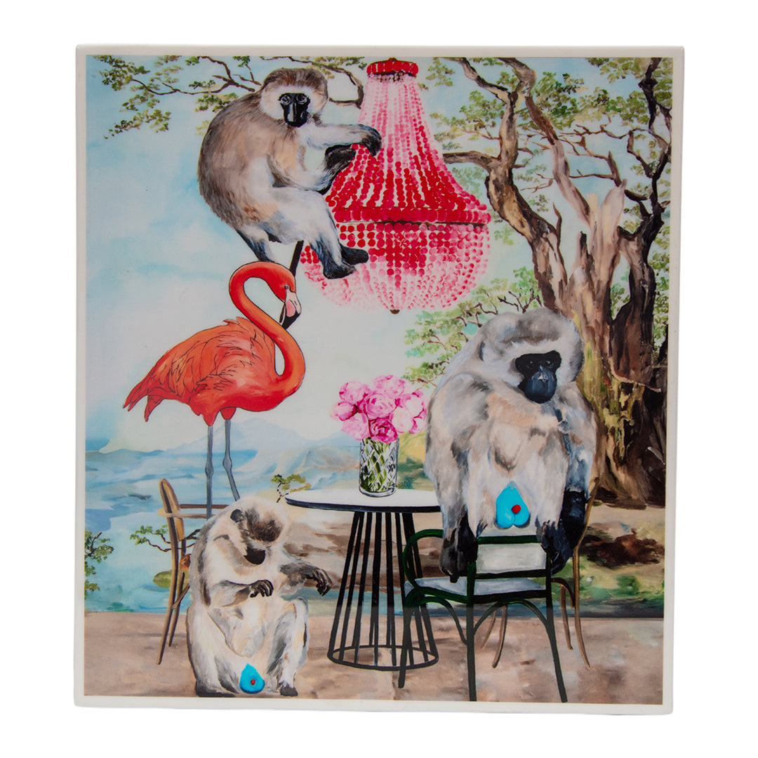 Ashley Longshore decorative box depicting in a garden setting with a flamingo, monkeys, and a red chandelier.