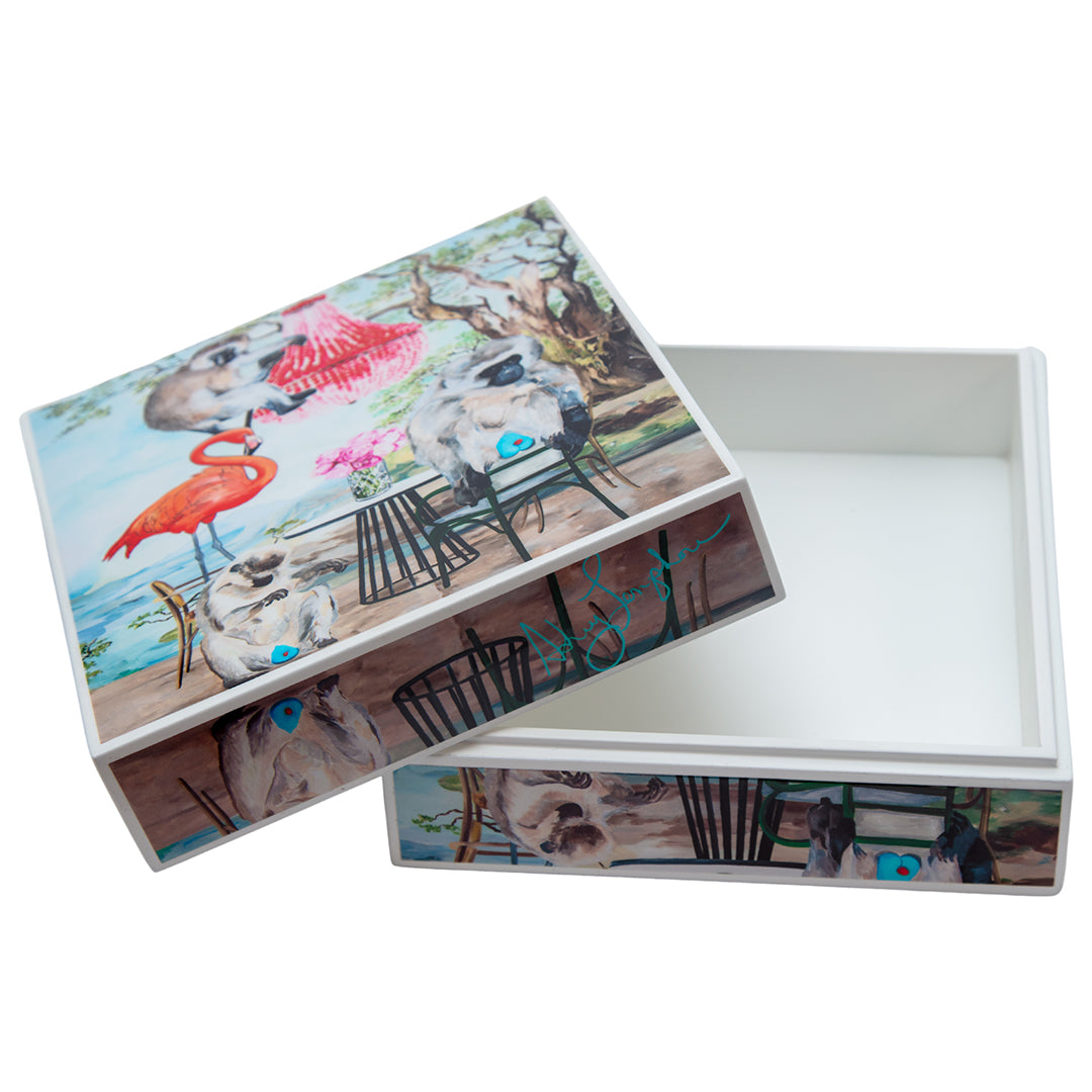 Decorative box with flamingo and flamingo-themed design on a white background