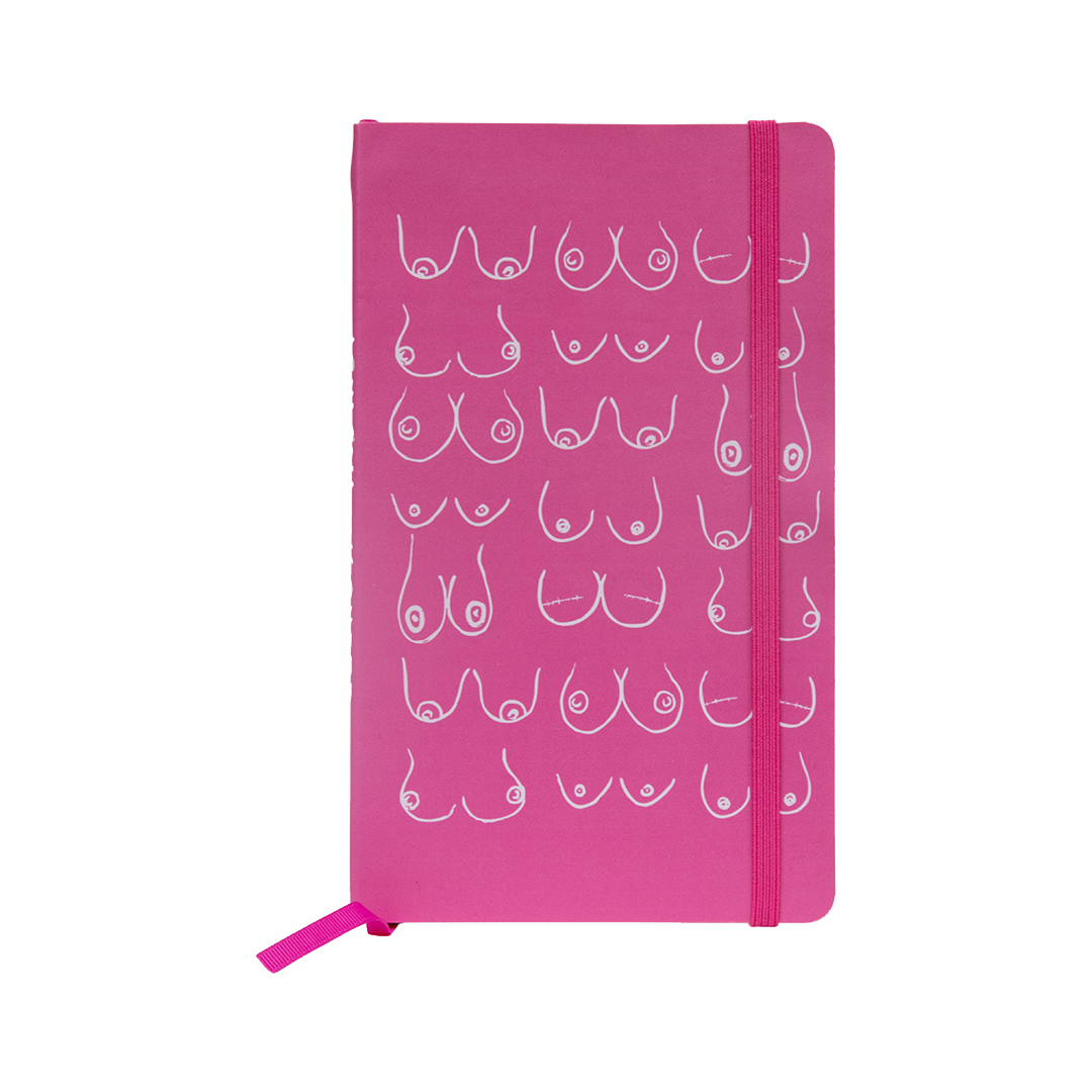 Pink notebook with white abstract patterns on a white background