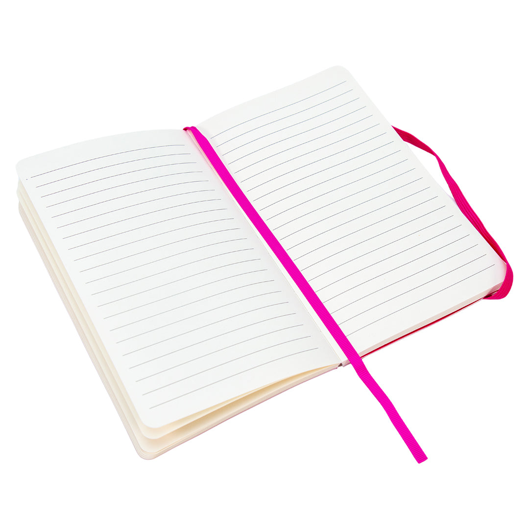 Open pink journal showing lined cream-colored pages with a matching hot pink ribbon bookmark.
