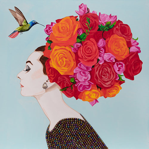 Audrey With Tea Rose Bouquet and Blue-Headed Hummingbird