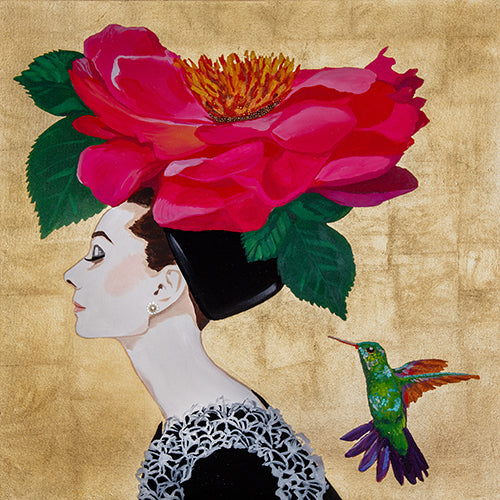 Audrey With Camellia Chapeau and Anna’s Hummingbird on Gold Leaf