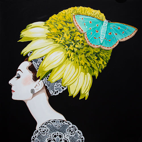 Audrey With Lemon Echinacea Chapeau  and Pink Laced Emerald Moth