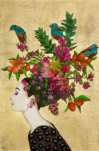 Audrey With Blue-Capped Finches and Floral Chapeau on Gold Leaf