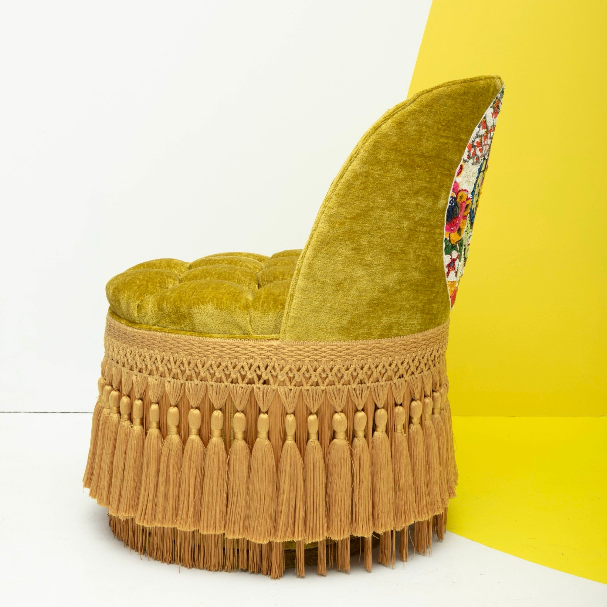 First Edition Abe Lincoln Tufted & Tasseled Velvet Barrel Chair