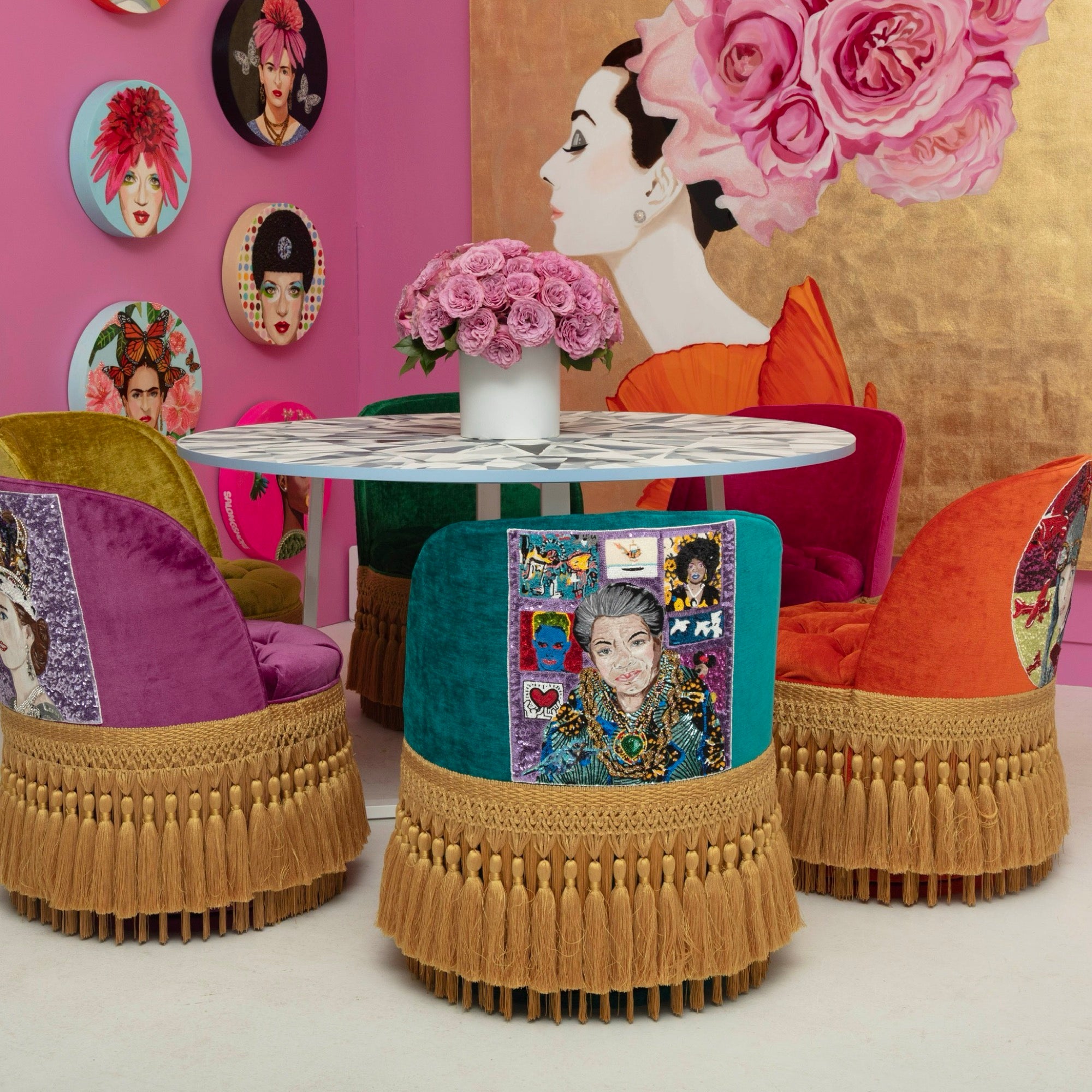 First Edition Maya Angelou Tufted & Tasseled Velvet Barrel Chair